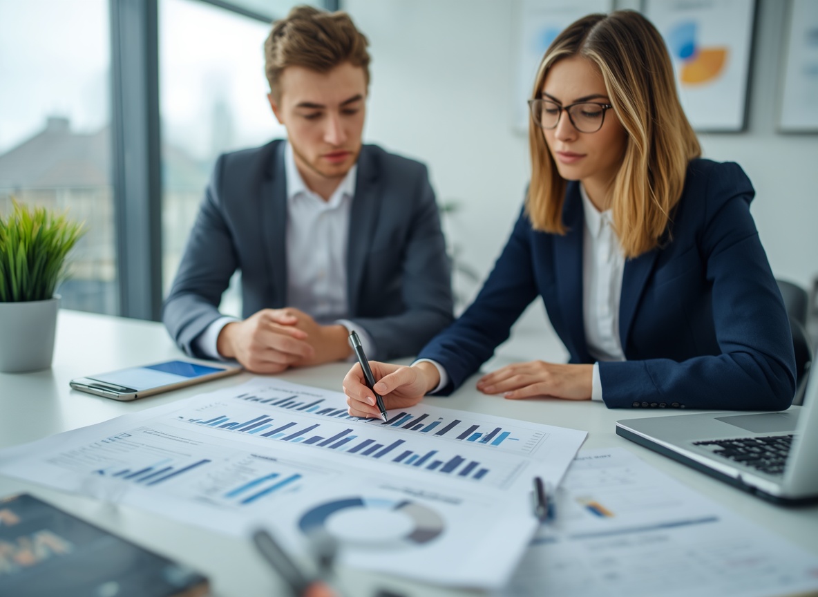 Zwei Personen gehen am Tisch einen ausgedruckten Businessplan mit Diagrammen durch