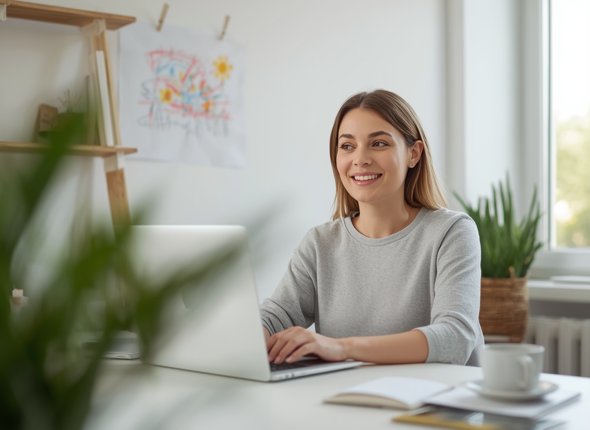 Frau arbeitet im Homeoffice am Laptop, an der Wand hängt eine Kinderzeichnung