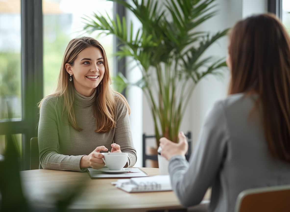 Coachin und Klientin sprechen bei einer Tasse Kaffee über den Wiedereinstieg nach der Elternzeit