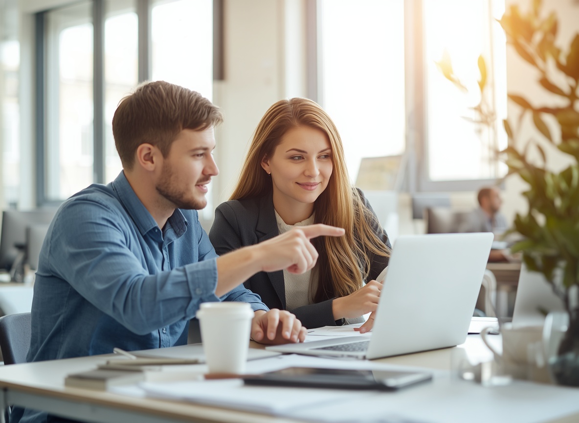 Zwei Personen planen am Laptop die Gründung eines Unternehmens